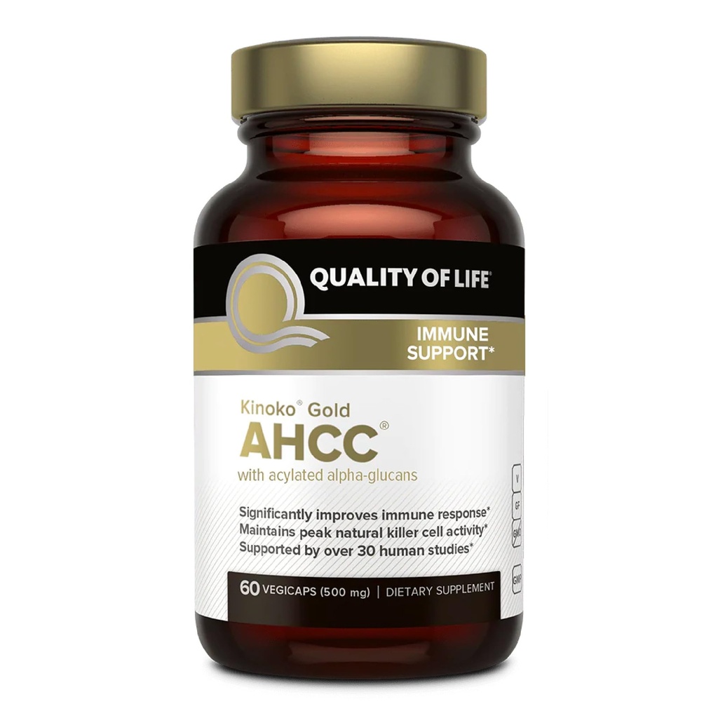 Jakość życia Premium Kinoko Gold AHCC Suplement, 500 mg na kapsułkę, Wspiera zdrowie immunologiczne, wątroba Funkcje, Zachowuje naturalną aktywność komórek zabójczych i zwiększa produkcję cytokin, 60 Kapsułki Veg