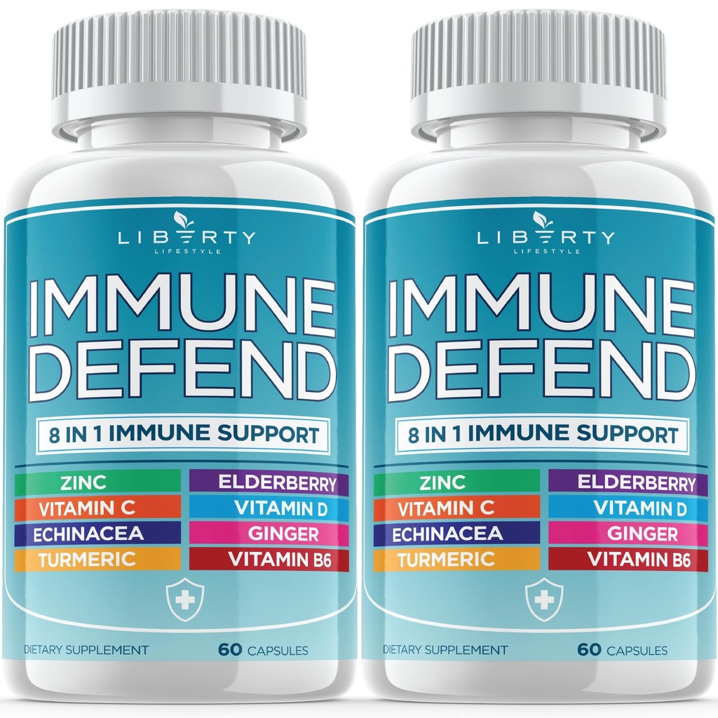 8 in 1 Immune Defense Support, Immunity Vitamins Supplement Booster z cynku 50mg, Witamina C Elderberry Vit D3 5000 IU, Kurkumina kurkumina & Ginger, Echinacea - Ulga alergiczna dla dzieci dorosłych (2 opakowania)