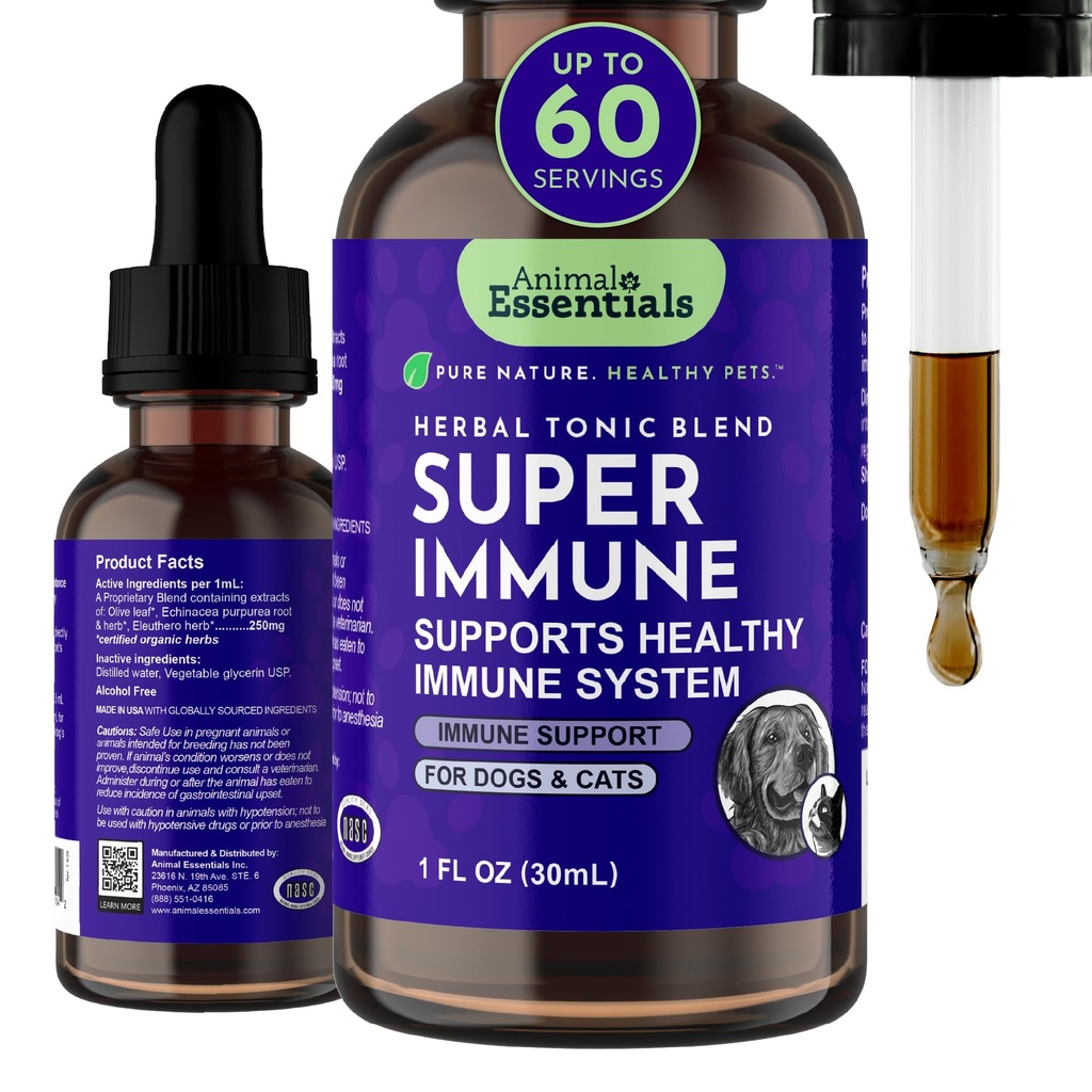 Esentials zwierząt Super immunologiczne dla psów i kotów - Suplement do systemu immunologicznego, Echinacea, Eleuthero, Olive Leaf Extract, płynne krople - 1 Fl Oz