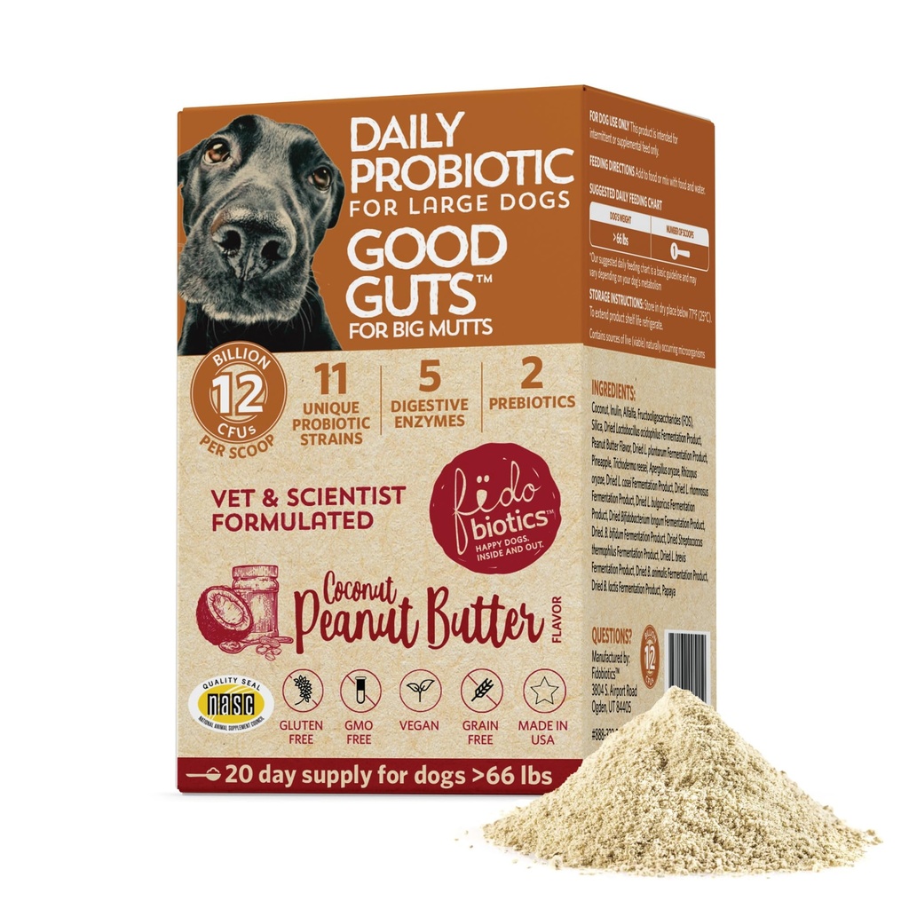 Fidobiotyki Dobre Guts dla Big Mutts Probiotic dla psów, 12 Miliard CFU, 11 Szczepów, 5 Enzymów Digestive, 2 Prebiotyki, Gut Digestive Zdrowie dla psów, Suplementy dla dorosłych i szczeniąt Probiotyki (20 Dni)