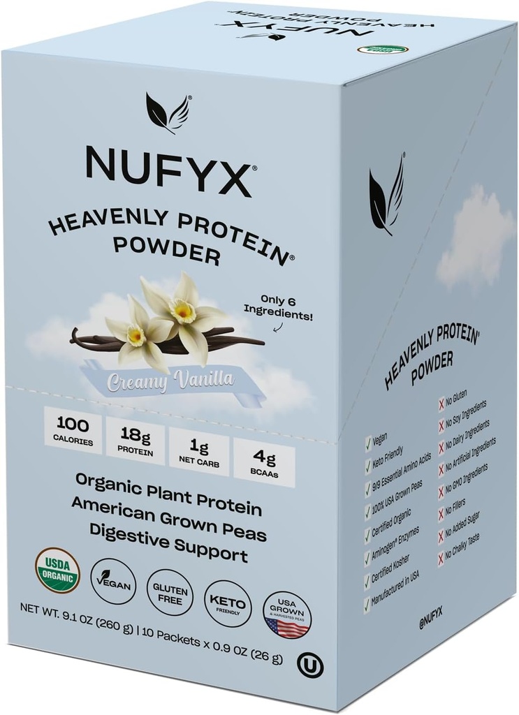 NUFYX ® • Niebieskie Białko ® Proszek • Najlepsza na świecie 100% Ekologiczna, amerykańska Groszek • Wegańska • Wolna od glutenu • Niskie węglowodory (kremowa wanilia, pudełko po 10 opakowań)