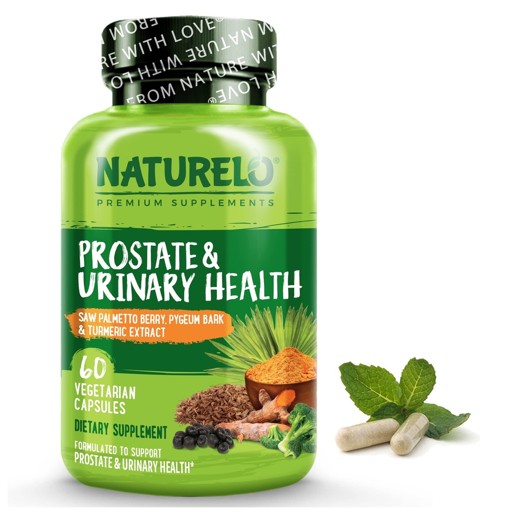 NATURELO Prostate & Urynary Health, Kompleksowa formuła z piłą Palmetto, Pygeum, Tumeryk, Sterole roślinne, Brokuły i Lycopene, 60 Kapsułki wegetariańskie
