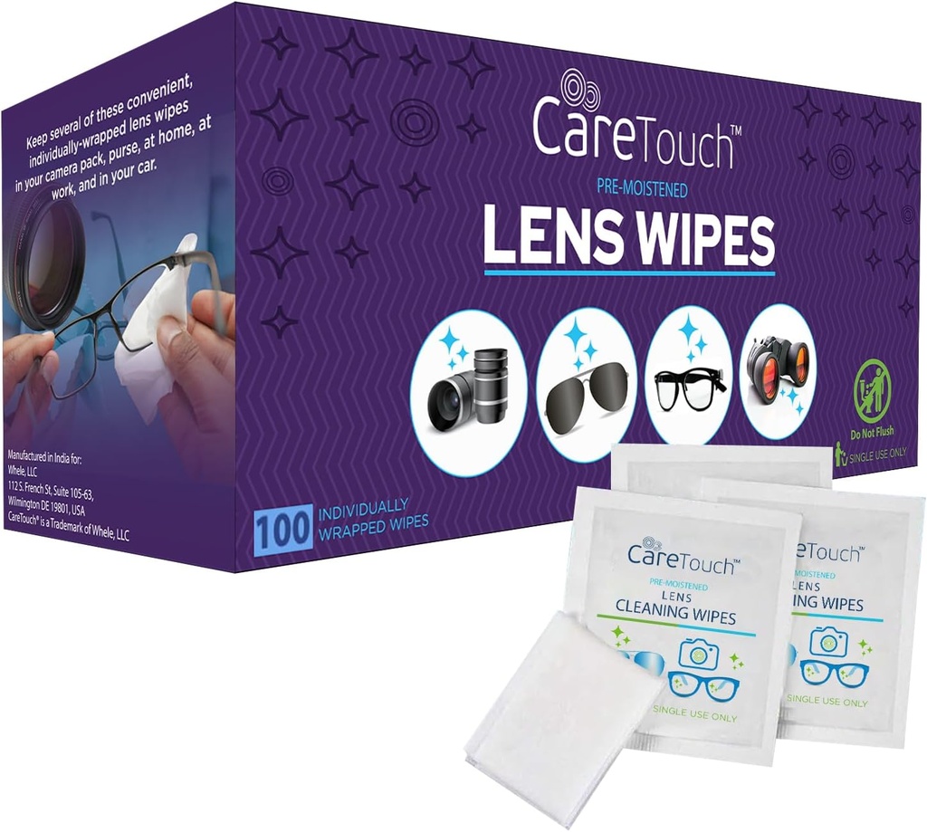Chusteczki do soczewek dotykowych do okularów Eyeglasses- 100 Count Indywidualnie zapakowane wcześniej - nawilżone chusteczki, 5 x 6 soczewek do obiektywu, okularów przeciwsłonecznych i okularów czyszczących, - Delikatne i przenośne do czyszczenia urządzeń optycznych