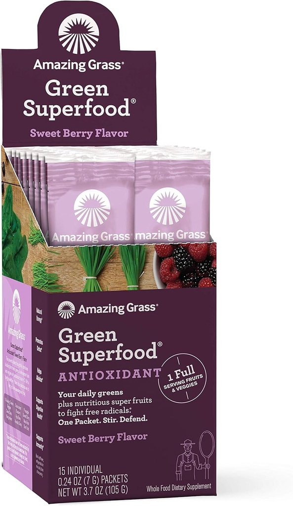 Niesamowite trawy Zielony Superfood przeciwutleniacz: Super Zielony Proszek z Spirulina, Elderberry & Probiotyki, Sweet Berry, 15 Służenia