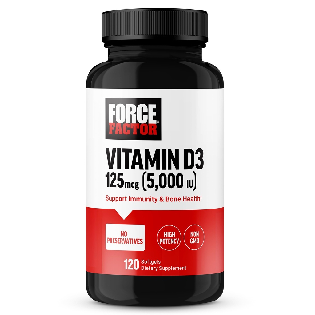 FORCE FACTOR Witamina D3 5000 j.m. Softgels, Wysokiej mocy witamina D Suplement do wspierania odporności i zdrowia kości, Jakość Premium, Brak środków konserwujących, 120 Softgels