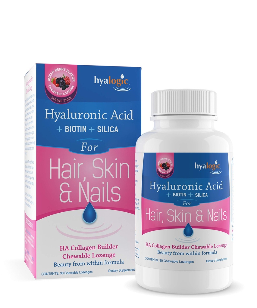 Hyalogic Hair Skin & Nails Hyaluronic Acid Collagen Builder - Pyszne Berry Flavored Collagen Boost Chewable Lozenges - Sugar Free Vegan Collagen Idealny do poprawy Twojej urody naturalnej - 30 Hrabia