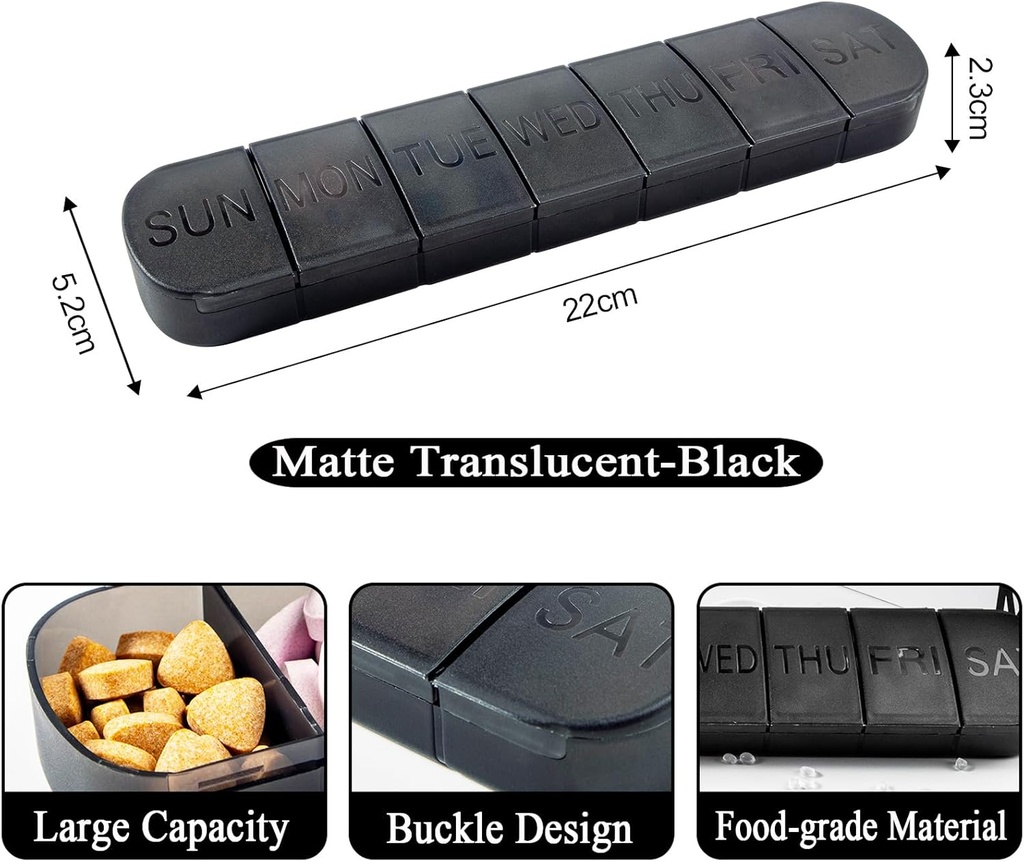 Pill Organizator Duży, 7- Day Vitamin Case Dispenser, Mate Black, Travel Medicine Pill Box Holder Pojemnik na leki, Leki i minerały, Suplementy, Olej rybny, Kapsułki, Tabletka