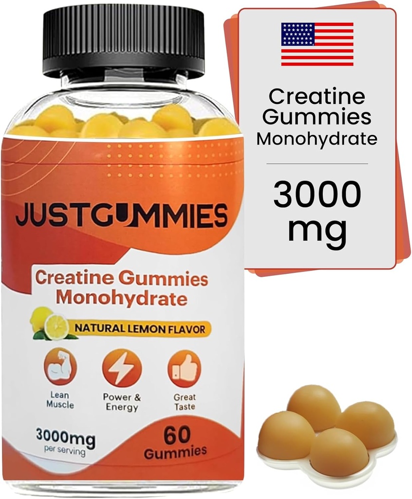 Creatine Monohydrate Gummies 3000 mg Per Serving | Creatine Infused Gummies to Increase Strength and Build Muscle, Vegan, Lemon Flavor, 60 Count