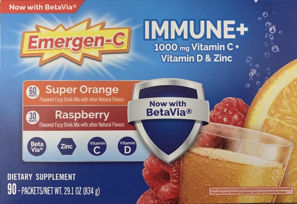 Emergen- C Immune + 1000 mg Witamina C + Witamina D & Cynk, (Super Orange 60 Ct / Malina 30Ct) 90 Pakiety