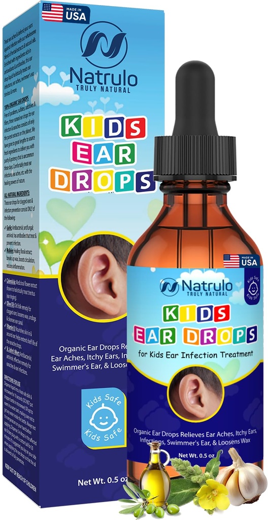 Natrulo Natural Ear Drops for Kids Ear Infection Treatment - Organic Children Ear Oil Drops Relieves Ear Aches, Itchy Ears, Infections, Swimmer 's Ear, & Loosens Wax - Dzieci bezpieczne, Made in USA