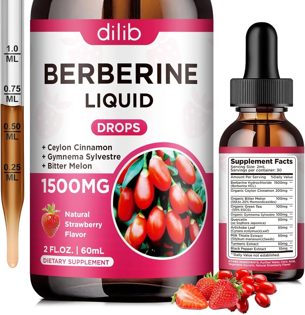 Berberine Supplement Liquid Drops - Berberine HCL 1500mg z Ceylon Cynamon, Bitter Melon, Gymnema Sylvestre dla immunologicznego, System trawienny & Heart Health, Natural Strawberry Flavor, 2 Fl Oz