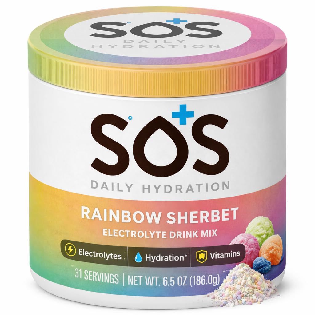 SOS Hydration Electrolyte proszek napój Mix 124; 31 Służenie 124; Niski cukier 124; 15 Calorie 124; Keto- Friendly & Rapid Rehydracji 124; Rainbow Sherbert