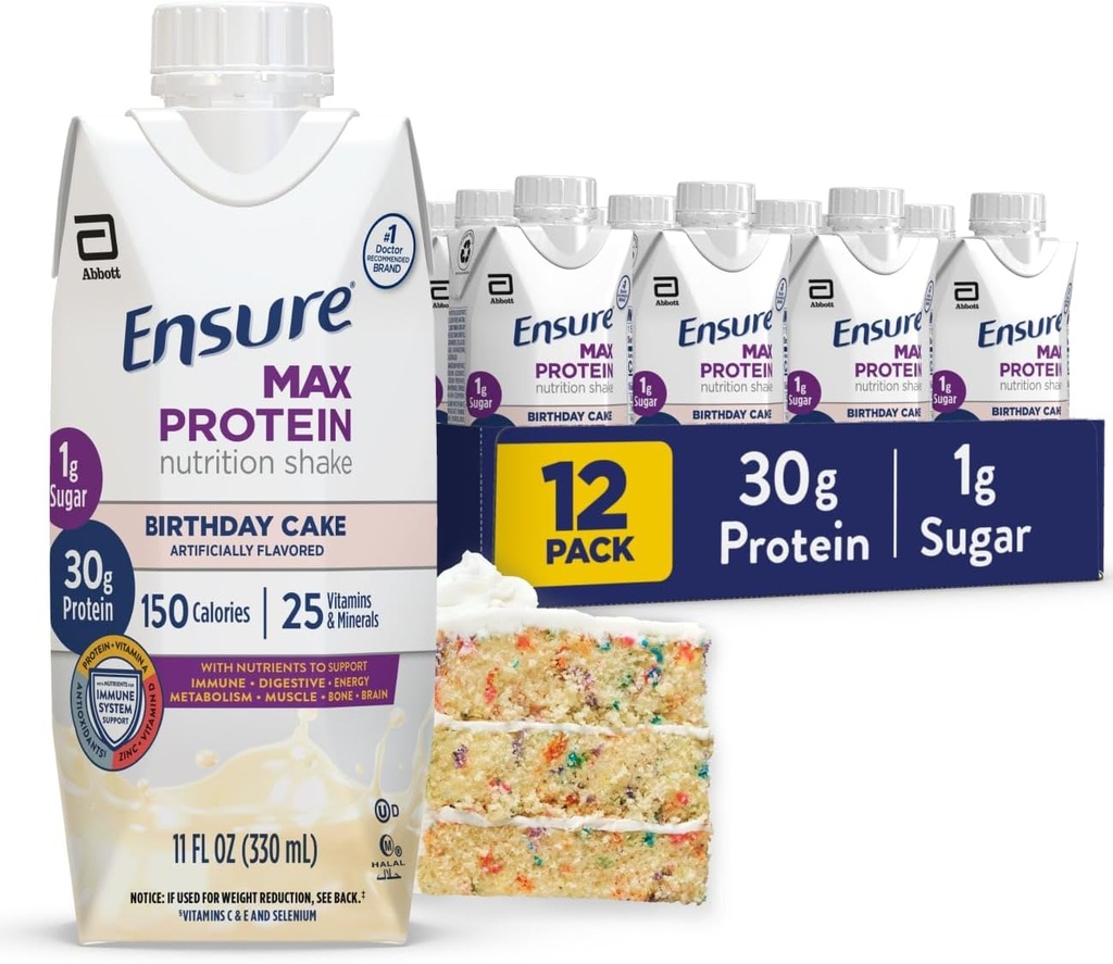 Upewnij się, że Max Protein Shake 124; Tort urodzinowy 124; Gotowy do picia 124; 30 g białka dla zdrowia mięśni 124; 1 g cukru, 4g Fiber 124; 11 fl oz, 12 Pack