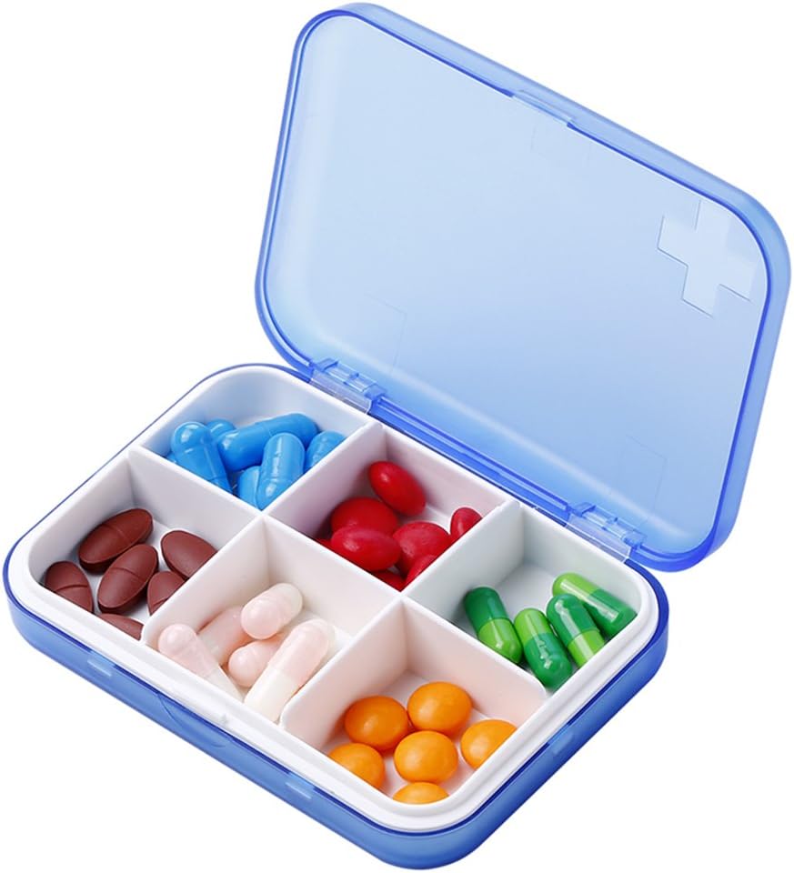 Portable Pill Organizer - Slim Pill Box for Purse or Travel, Compact Pill Case (6 Komory, Niebieski)
