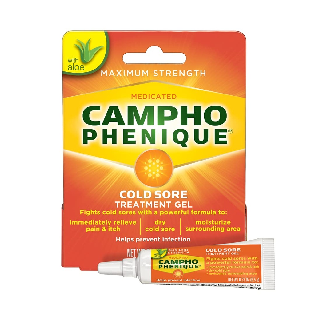 Campho Fenique Cold Sore i Gorączka Blister Leczenie warg, Maksymalna moc zapewnia natychmiastową ulgę, Zapobiega infekcji, aby promować leczenie, Oryginalny wzór żel, 0.23 Oz