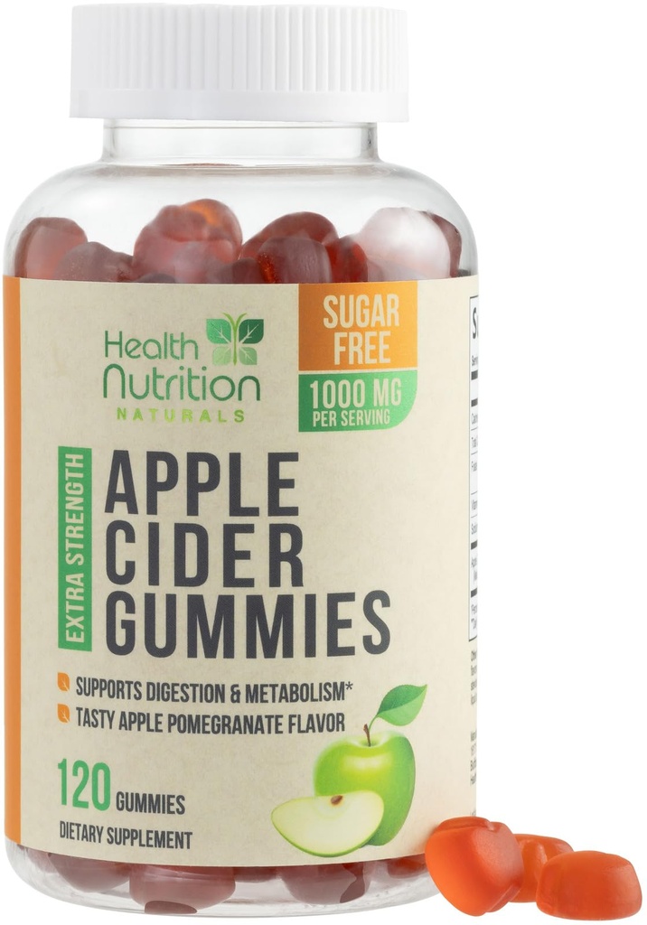 Jabłko Cydr Gummies ocet 1000mg - Max Siła Cukier Wolna ACV Gummy Witaminy, Wspiera Metabolizm i Energia, Keto Friendly, Witamina B12, Żelatyna Free, Gluten- Free, Wegan & Non-GMO - 120 Gummies
