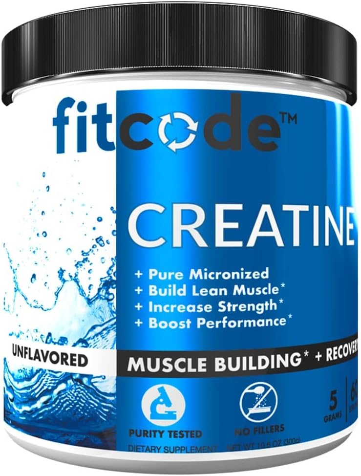 fitcode Monohydrat kreatryny 5 Gramy czystego zmikronizowanego monohydratu kreatora do budowy mięśni, odzyskiwania, siły i wytrzymałości, Proszek niełuskany, 60 Słupki