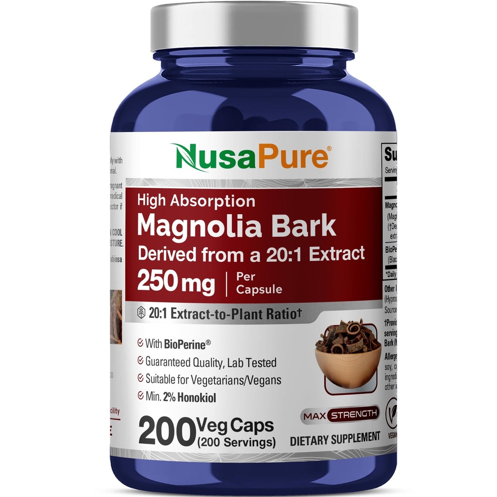 NusaPure Magnolia Bark 20: 1 Extract, 250 mg Ekwiwalent 5000 mg 200 Wegańskich Kapsułek Wegetariańskich Non-GMO