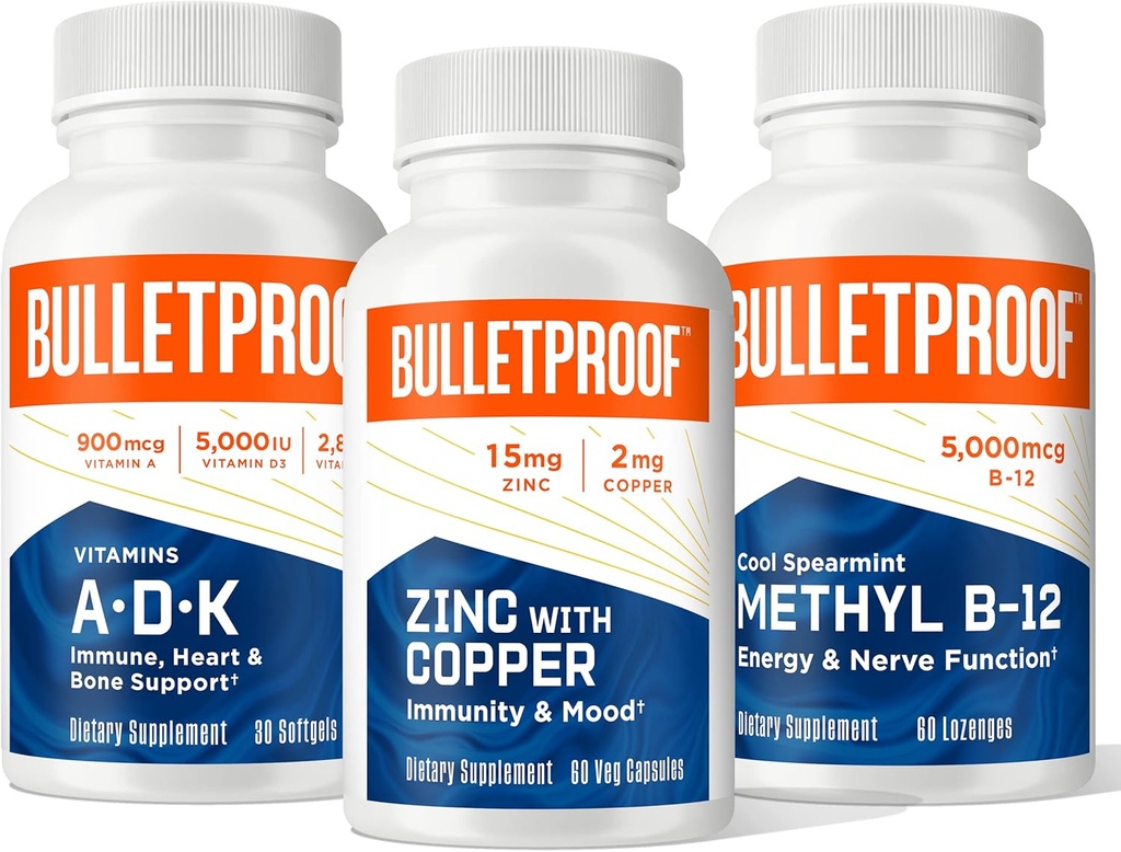Kuloodporny Triple Threat Strength Bundle, Vitamin A- D- K, 30 Softgels, Cynk z miedzi, 60 Kapsułki, Metyl B- 12, Spearmint Flavor, 60 Lozenges