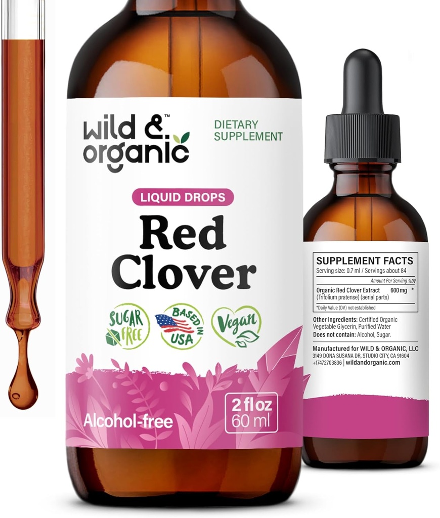 Wild & Organic Red Clover Extract Drops - Suplementy menopauzy dla kobiet - 600 mg płynnych Red Clover Tincture - 1- Month Supply - Trifolium Pratense Blossom - Sugar & Alcohol- Free - 2 oz