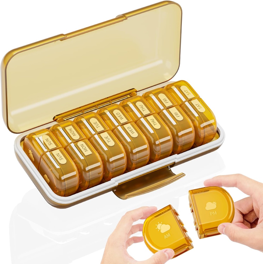 Cotygodniowy Pill Organizator 2 razy dziennie, Duży 7 dzień Am Pm Pill Box - Acedada dwukrotnie dziennie Pill Case z odpinany Day Night Design, Kontener na witaminy, Oleje rybne, Suplementy, Amber