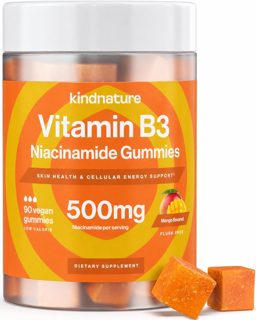 kinnature Witamina B3 Gummie Niacyna - Flush Free Niacinamid 500mg Suplement - Wegan, Non-GMO, Low- Calorie, Gluten- Free, Soy- Fee, Trzecia Party Lab Tested - 1 Supply Month, 90 Gummies do żucia