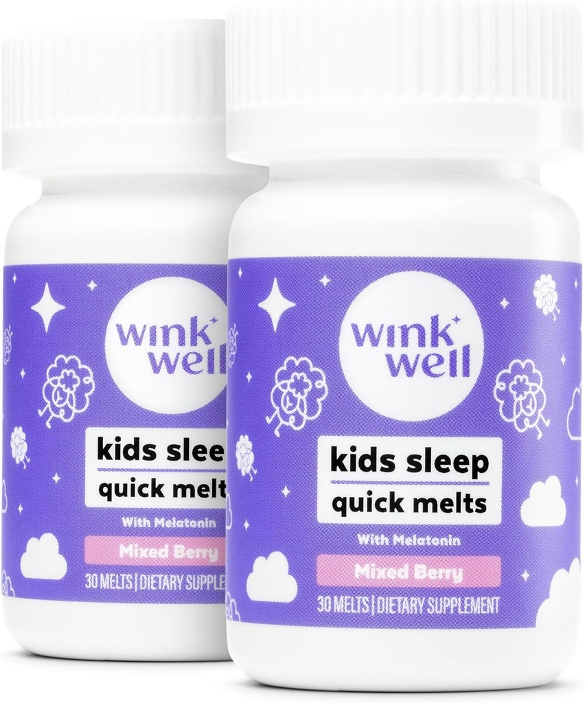 Wink Well Kids Chewable Melts - Dzieci Sleep Aid Chews with Melatonin 1mg- Quick Deep Toddler Sleep Aid, Drug-Free- Fast, Non-Habit- Forming Rozpuścić tablet- 30 Stopy (Opakowanie 2)