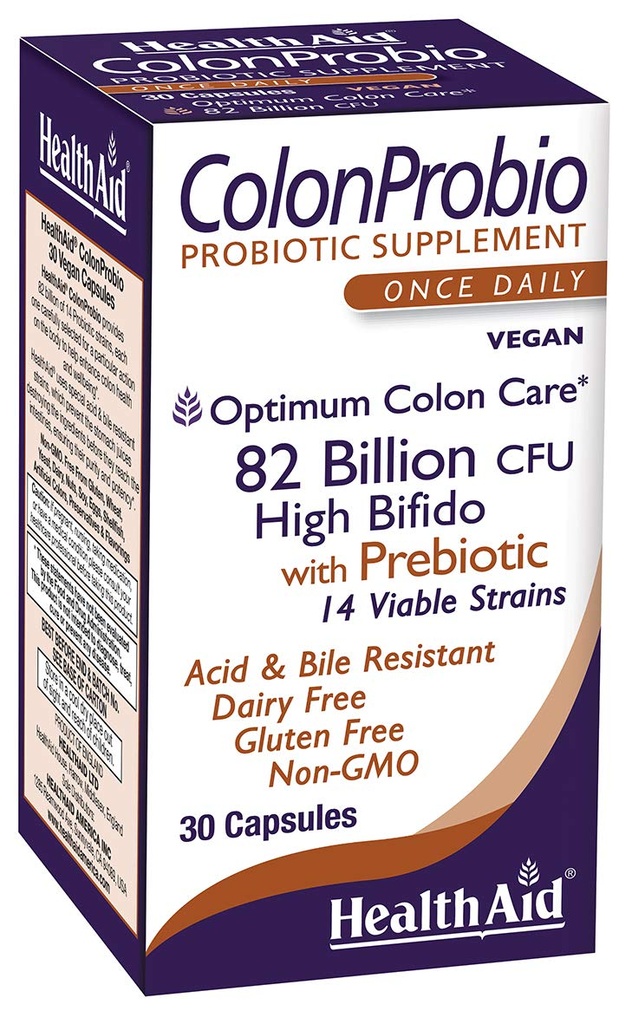 HealthAid ColonProbio 82 Miliard z Prebiotykiem, 14 Szczepów, Raz dziennie, 30ct, Optimum Colon Care, Acid & Bile Resistant, Dairy Free, Gluten Free, Non-GMO