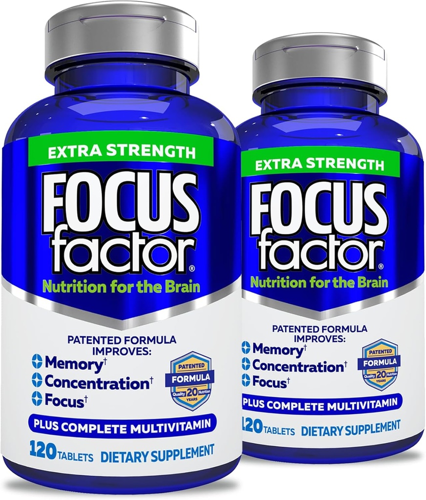 Focus Factor Dorośli Dodatkowa siła, 120 Count- Suplement Mózgu do Pamięci, Koncentracja, Focus - DMAE, Witamina D, DHA- Suplement do Zdrowia Mózgu - Zaufane Tworzycie- Witaminy Mózgu, Pigułki Focus (2 pk)