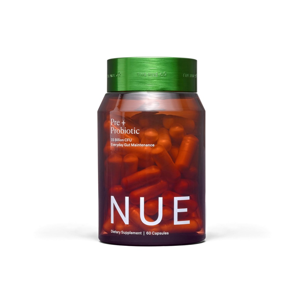 The Nue Co. PREBIOTIC + PROBIOTIC Suplement, Wspiera zdrowie gut, Synbiotyczne i zarodkowe oparte, IBS Ulgi, Immunitet, i skóry, Wegan, Gluten Free, 60 Kapsułki