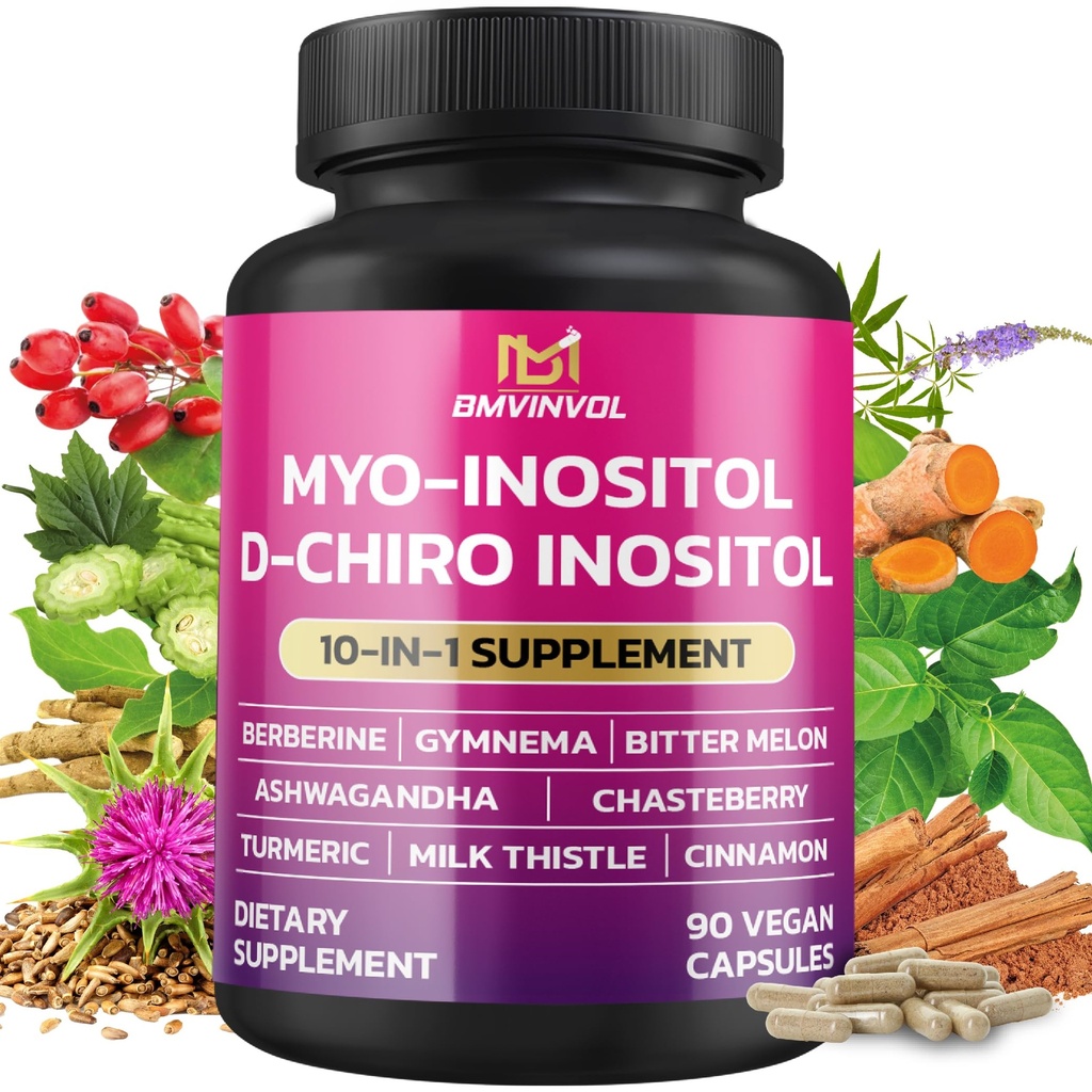 BMVINVOL Inositol Supplement - Myo- Inositol i D- Chiro Inositol Ideal 40: 1 Stosunek - Plus Berberine, Cynamon, Ashwagandha + 5 Więcej - 90 Kapsułki