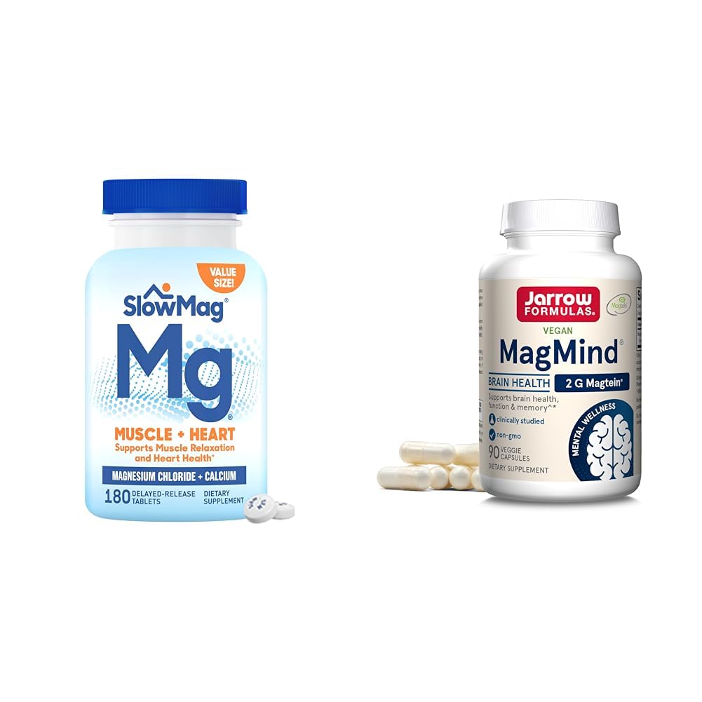 SlowMag Muscle + Heart Magnezu Chlorek z dodatkiem wapnia do wsparcia Relaks mięśni & Jarrow Figuas MagMind Mózg Zdrowie z Magtein (Magnezu L- Threonian), Suplement dietetyczny