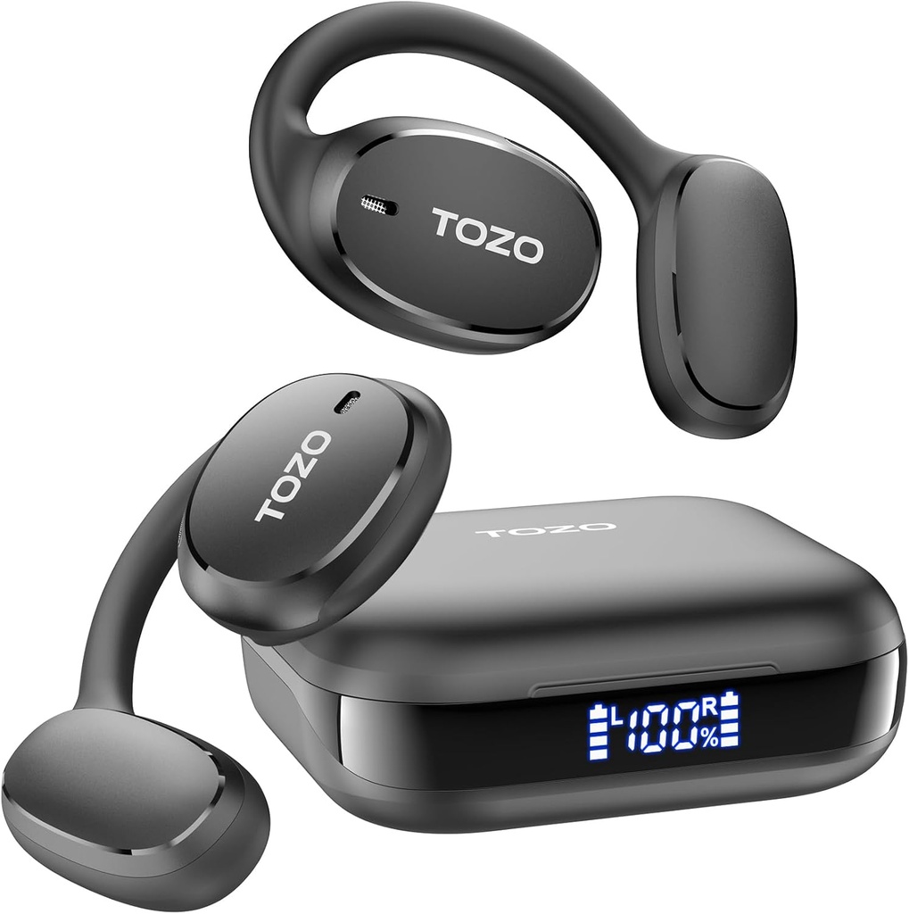 TOZO OpenEgo Open Ear Earbuds Bluetooth słuchawki, 80hrs Wireless Earbuds z hakami, Digital Digital Display, 32 EQ modes, Clear Call, wygodne zużycie, Sweat- Dowód na bieżącą trening czarny