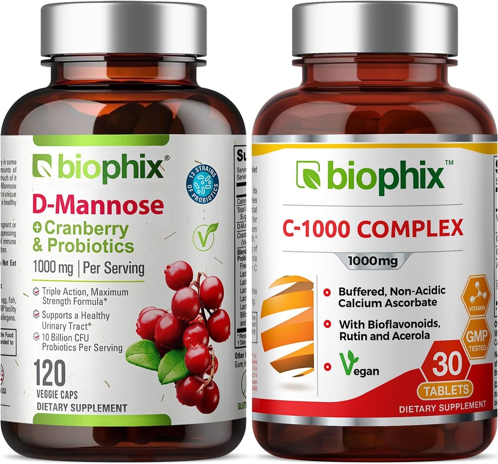 biophix D- Mannose Plus Probiotyki żurawinowe 1000 mg 120 Vcaps - Darmowa Witamina C- 1000 30 Tabletki - Wspiera moczowe Bladder Tract Health i dobrze trawienne