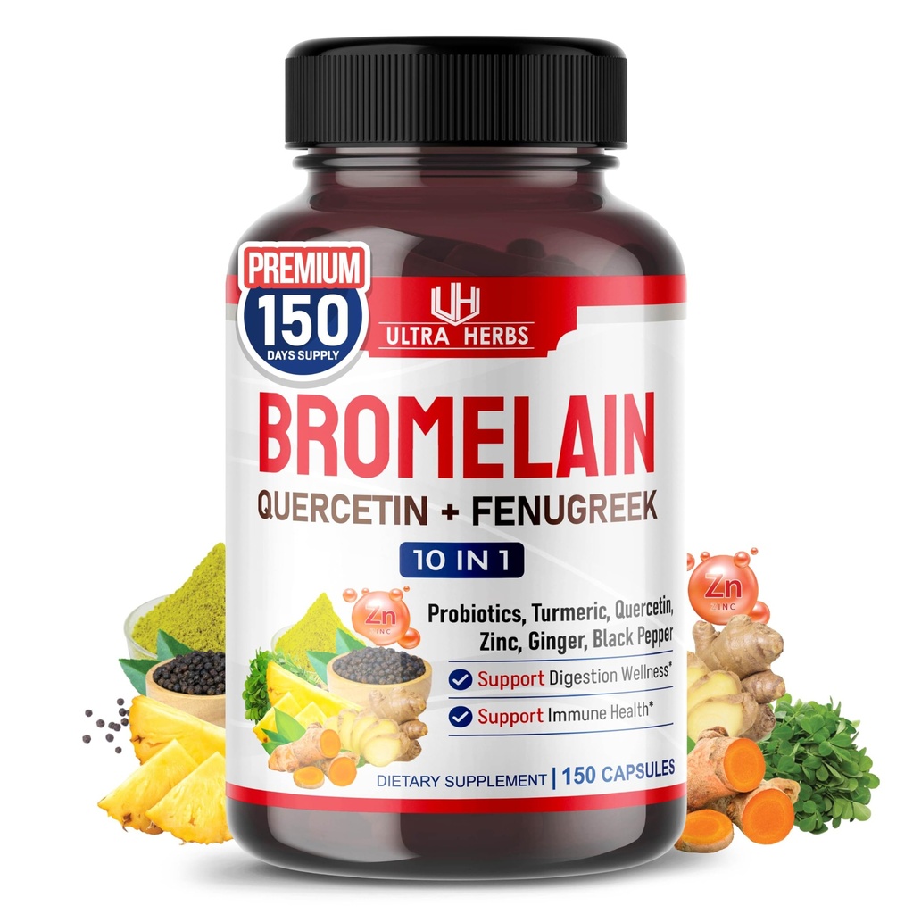 Suplement bromelainowy z Quercetin, cynk, kozieradka pospolita, kurkuma, imbir, papryka czarna i probiotyki - Pomaga w trawieniu, wspólnym zdrowiu i odżywianiu Wchłanianie 124; 150 Kapsułki