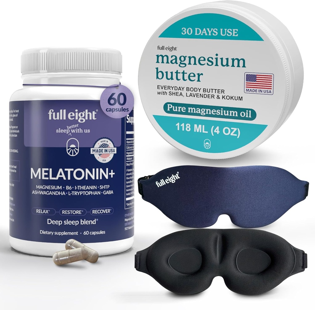 Sleep Bundle: 3D Light Blocking Sleep Mask, Melatonina + Szybko Rozpuścić Melatoniny Suplementy 60 Kapsułki i Magnezu Masło Body dla Nogi i ciasne mięśnie, 4oz krem