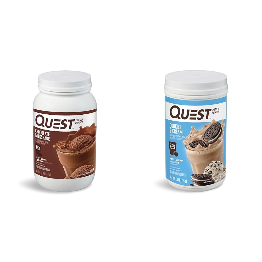 Quest Nutrition Chocolate Milkshake Protein Powder, 22g Protein, 1g Sugar, Niskie węglowodany, Gluten Free, 3 Funt, 43 Servings & Cookies & Cream Protein Powder; 20g Protein; 1g Sugar; Niskie węglowodany; Gluten Free