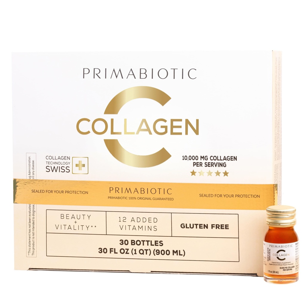 PRIMABIOTIC Liquid Collagen - High Collagen Content [10 000 Mg] Per Serving - Hydrolizated Collagen and 12 Vitamin - Gluten Free- 900 Ml - Pack of 30 Bottles x 30 Ml (1)