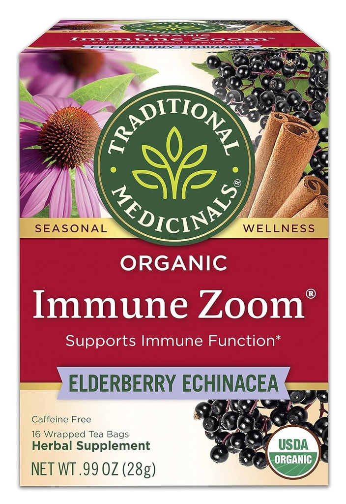 Tradycyjne Medicinals, Organic Immune Zoom Echinacea Elderberry Herbata immunologiczna Elderberry, 16 Hrabia (Opakowanie 2)