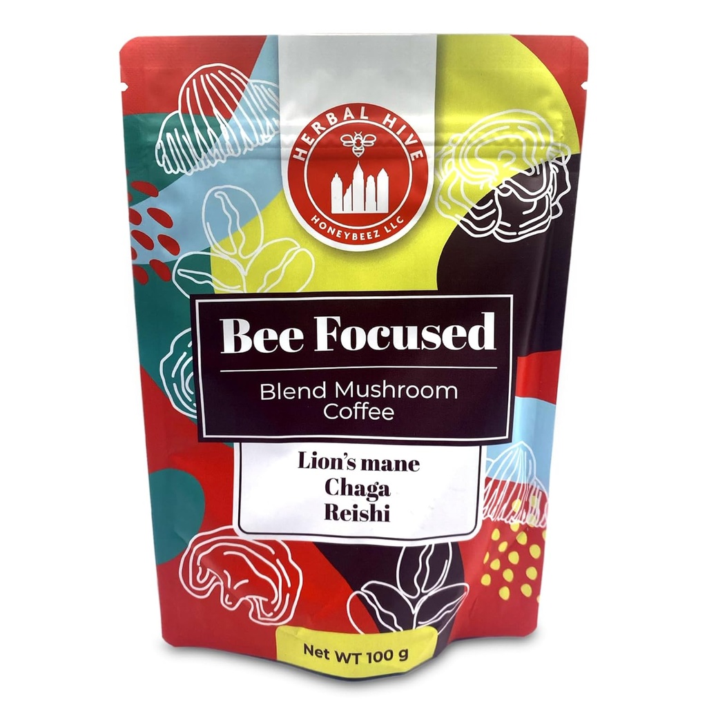 Grzyb kawy przez Herbal Hive Bee Focused obejmuje Adaptogens Reishi, Lwie grzywa, i Chaga Superfood Low Acid Instant 30 Służenia (3.5 oz, Dark Roast)
