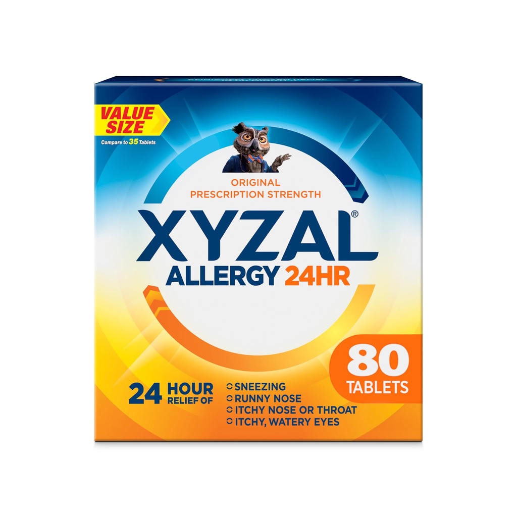 Xyzal 24-godzinny lek na alergię, Oryginalna przepisana siła Antyhistamina, Lewocetyryzyna Dichlorowodorek Tabletki, 5 mg, 80