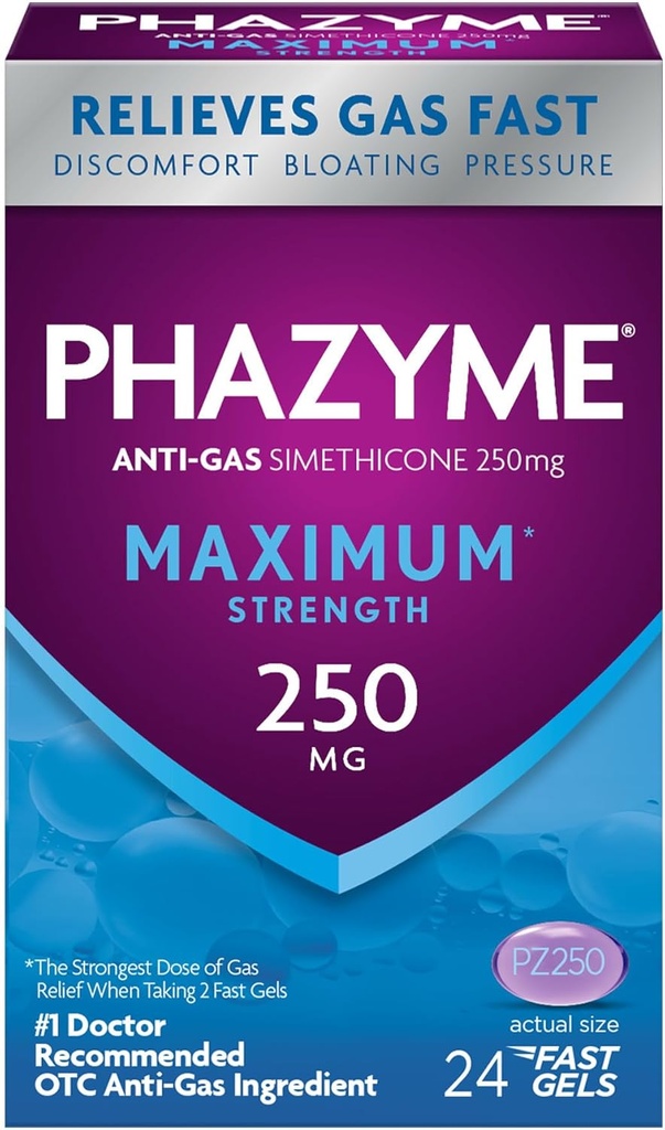 Phazyme Maximum * Wytrzymałość Gaz przeciwgazowy 250 mg Simetikon Relief Gazowy dla dorosłych, Szybkie żele Szybkie rozdmuchiwanie, Ciśnienie i dyskomfort, 24