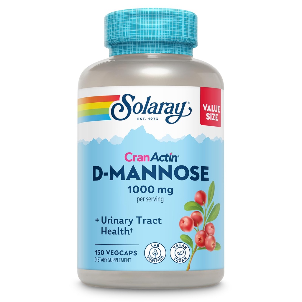 Solaray D- Mannose 1000mg z CranActin Cranberry Supplement 400mg, Urynary Tract Health & Bladder Support Kapsułki z witaminą C, Wegan, 60 dzień Gwarancja, 75 Słupki, 150 VegCaps