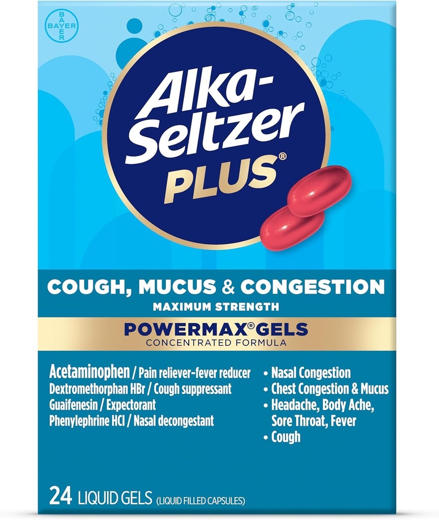 Alka- Seltzer Plus maksymalna wytrzymałość kaszel, Mucus & Congestion Powermax żele płynne, szybkie i skuteczne odciążenie klatki piersiowej, Cough Suppressant, Dla dorosłych i dzieci 12 Lat i starszych 24 Count