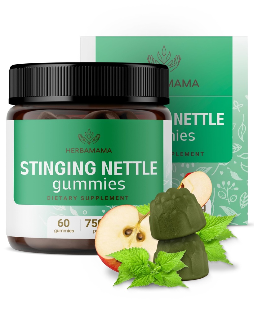 HERBAMAMA Stinging Nettle Gummies - 7500mg Stinging Nettle Root Extract for Urynary Tract Support for Women & Men - Vegan, Non-GMO Urtica Dioica Supplement - 60 Pectin- Based Apple- Flavored Chews