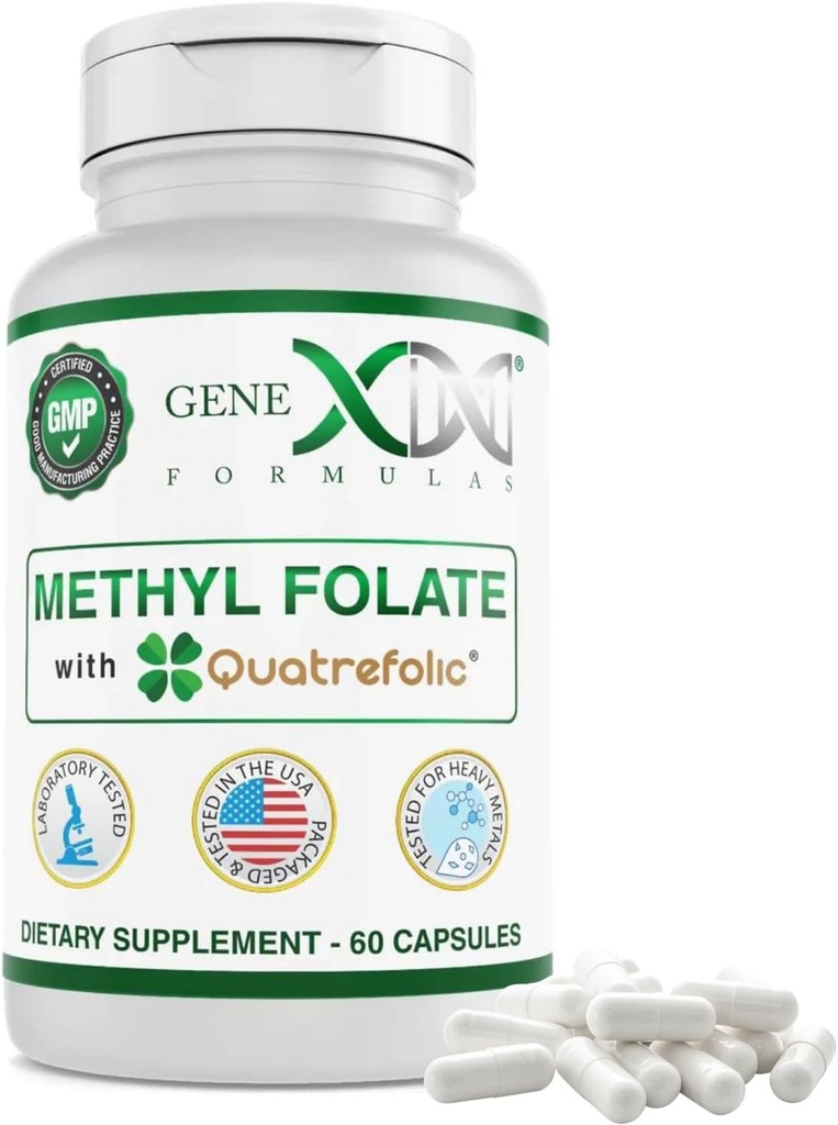 GENEX Metyl Folate with Quatrefolic ® 1360 mcg DFE (60 kapsułki) Bio- Active Form of Folate - 5- Methyltetrahydrofolate DG124; Vegan, Gluten Free, Non-GMO (60 Day Supply)