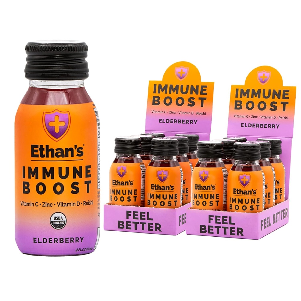 Ethana Organic Immune Boost Shots, Elderberry Flavor. Lepiej. Wsparcie odporności, Made with Real Fruit, Witamina C, Witamina D, Reishi, Cynk, bez dodatku cukru (12 Pack of 2oz Shots)