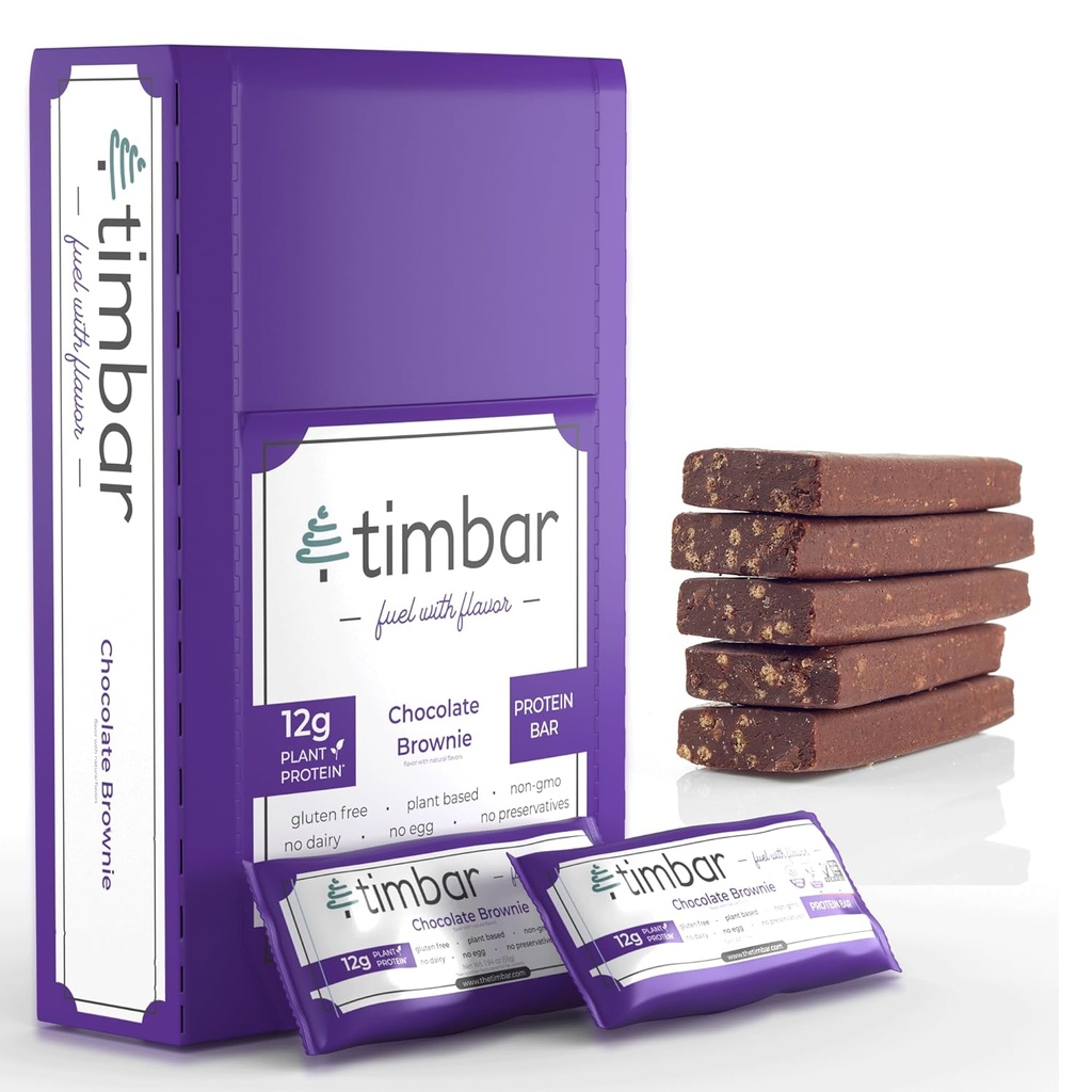 timbar Protein Bars 12 Pack | 12g Protein & 9g Fiber Plant Based- Energy & Nut Bars | Gluten Free, Non-GMO, Dairy Free, Healthy On-the-Go Snack & Meal Replacement (12 Packs, Chocolate Brownie)