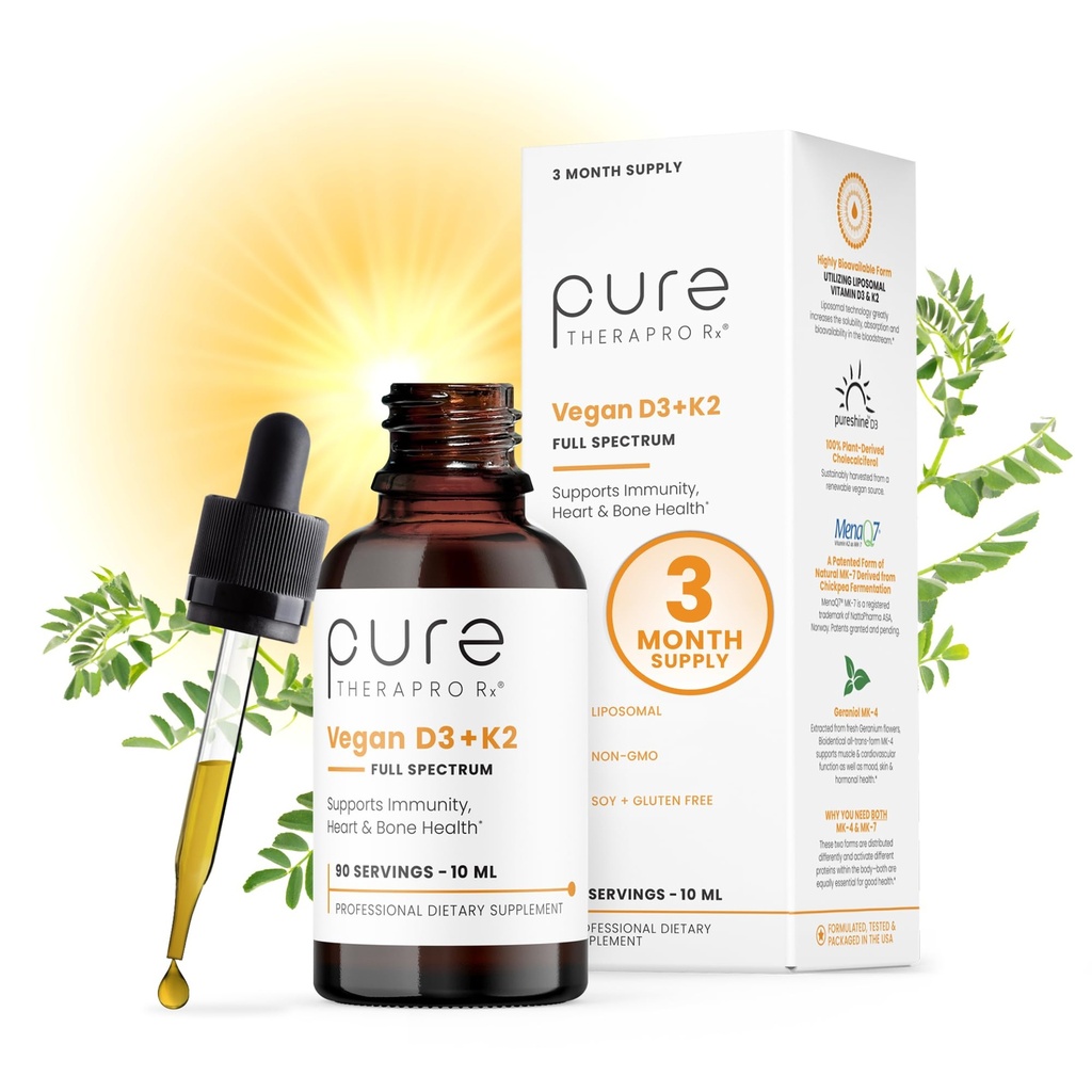Pure Therapro Rx Vegan D3 + K2 Organic 100% Liposomal 10ml Made in USA 124; 3 Miesiące dostaw 124; Maksymalne wchłanianie witaminy D3 i witaminy K2 Suplementy dla mężczyzn i kobiet, D3 Witamina 5000 IU