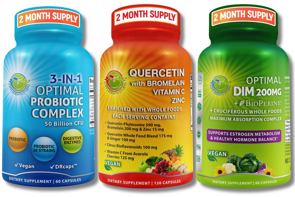 Wegański hormonal, Immune & Gut Health Support Bundle - Quercetin 500mg z bromelainem, cynkiem i witaminą C + DIM 200mg z BioPerine ® + 3- in-1 Probiotic 50 Milion CFU z Digestive Enzymes & Prebiotyki